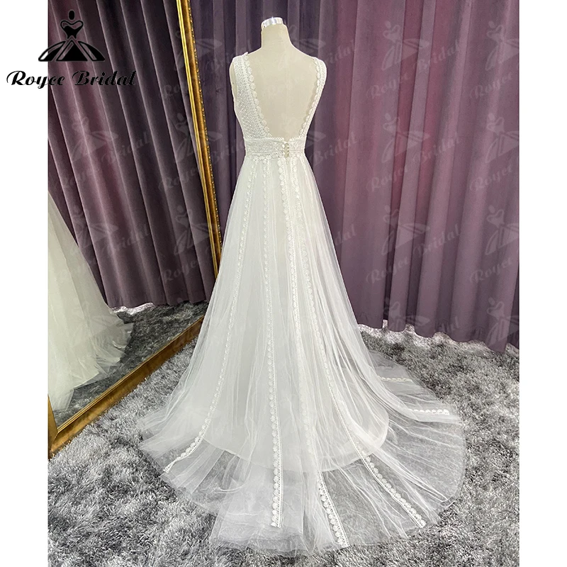 Boho O-Neck Off the Shoulder Lace Appliques A-Line Wedding Dress 2022 Tulle Bridal Gown Sweep Backless Button robe de mariée