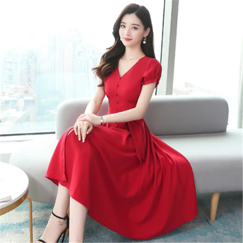 

Real shot new goddess Fan V-neck lace-up long Vestidos waist slimming temperament Hepburn style red dress summer