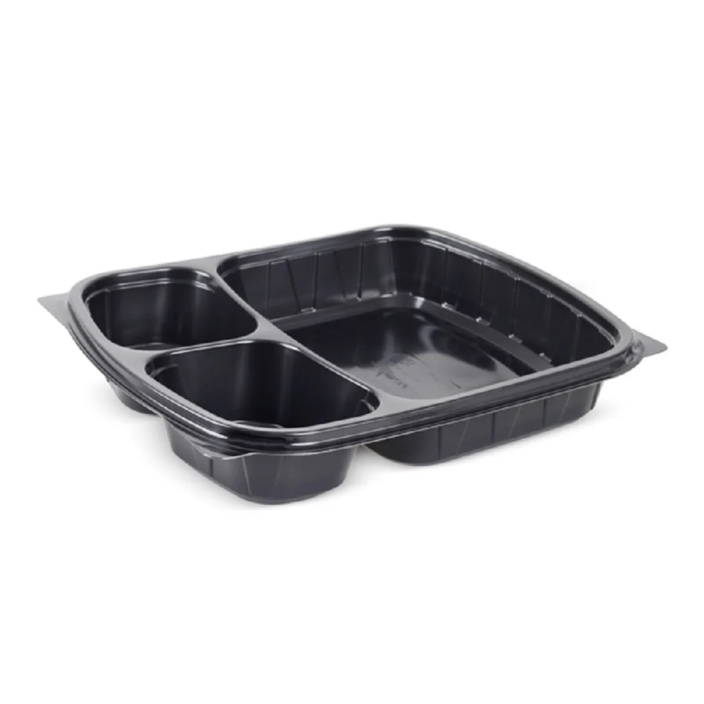 Black Party Container com tampa clara, bandeja de jantar dividida, Lunch Container, prato de alimentos com divisor de alimentos, Microwavable, 50 PCs