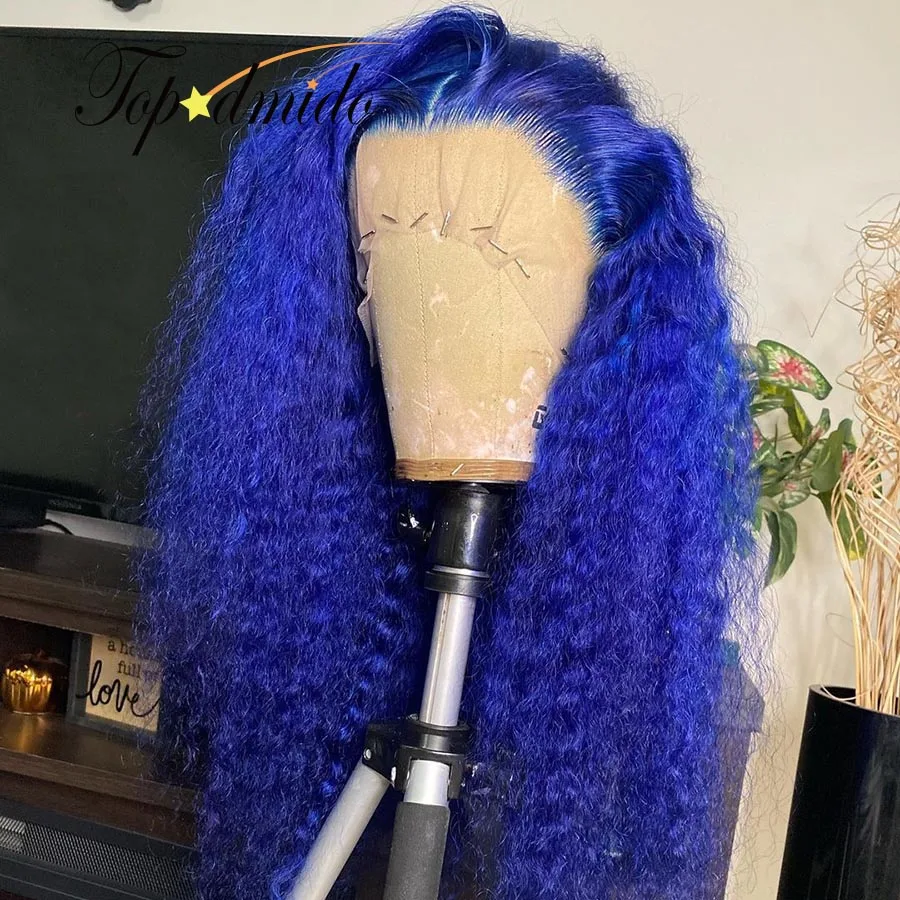 Topodmido-Peluca de cabello humano brasileño rizado, pelo con línea de pelo prearrancada 13x6, encaje frontal, 4x4, Color azul