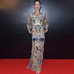 O-neck Prom Dress Long Sleeve Embroidered Printed Dress Evening DressesWomen's Dress Celebrity Dresses Tulle Dress Custom Made