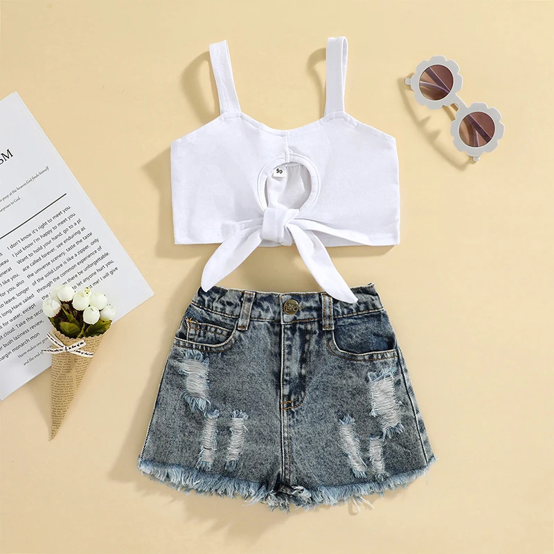 Summer Toddler Girls Clothes Outfits Kids Clothing Spaghetti Strap Tops White Vest + Denim Shorts Baby Girl Sets Children Suits