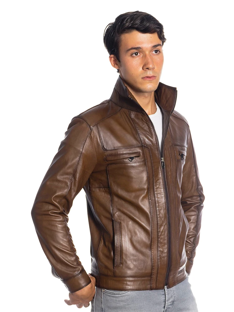 Genuine Soft Lambskin Leather Jacket Handmade Man Brown Jacket Biker Motorcycle Style Bomber Real Coat Custom Prodcut Fur