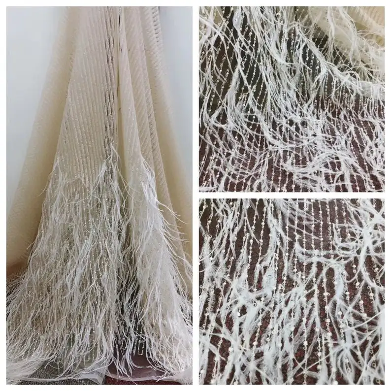 1 Yard Off White 3D Lace Fabric With Ostrich Feather, French Heavy Bead Lace Fabric For Haute Couture Dress