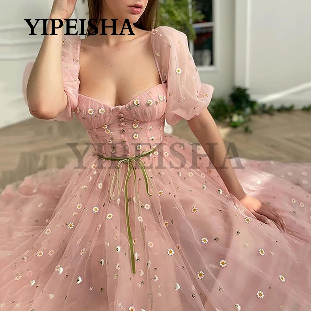 Sweetheart A-Line Pink Prom Dresses Backless Short Sleeve Daisy Flowers Ankle-Length Party Gown robes de soirée vestidos فساتين