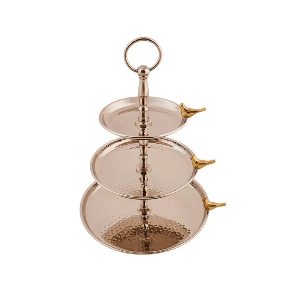 Christmas gift treat Silver color 3 Layered Golden Bird Detailed Serving Plate, Presentation Plate, Stylish Sugar Bowl