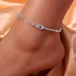 Summer Beach Rhinestone Blue Evil Eye Ankle Bracelet for Women Bohemian Tennis Sandals Beach Anklet Jewelry Accessories Gift