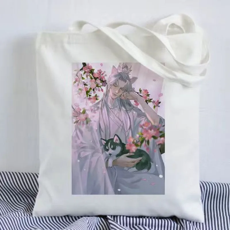 Sac à Main en Toile avec Imprimé du Dessin Animé le Husky et son Chat Blanc Shizun, Mignon, Décontracté, pour Shopping, pour Femme