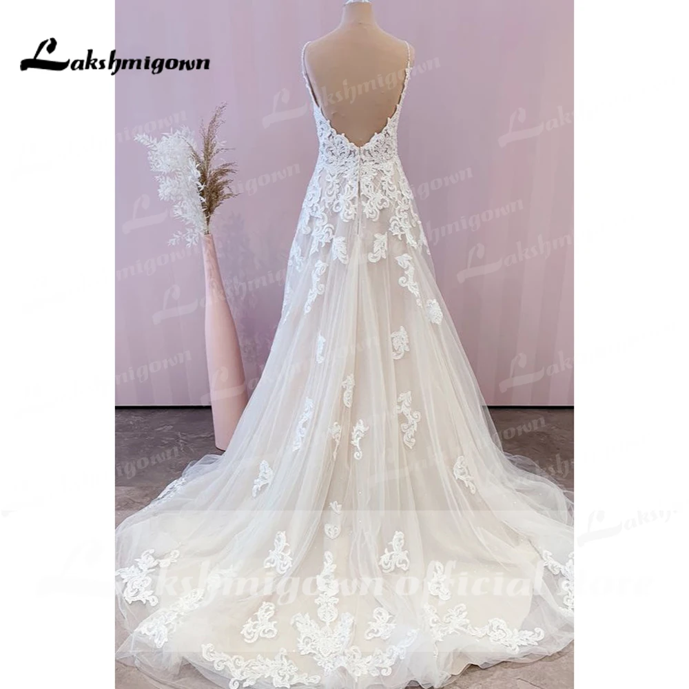 Sexy Bridal Lace Spaghetti Strap Wedding Dress Beach Robe Mariee V Neck Peal Boho Dress Wedding Gown Long Train