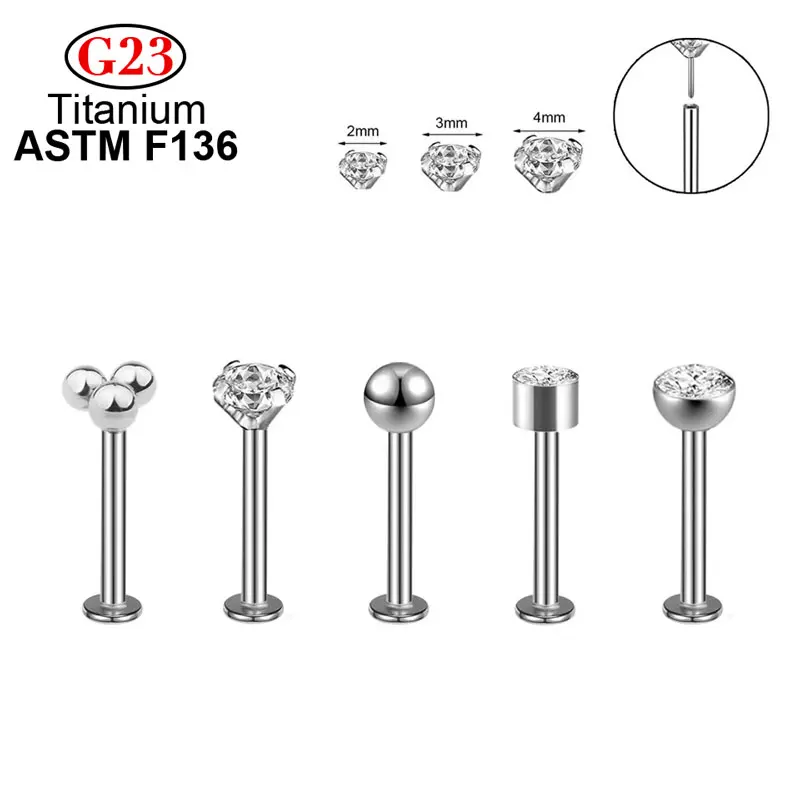 G23 ASTM F136 Wholesale Threadless Push Pin Labret Stud Titanium Nose Piercing Ear Lip Body Jewelry