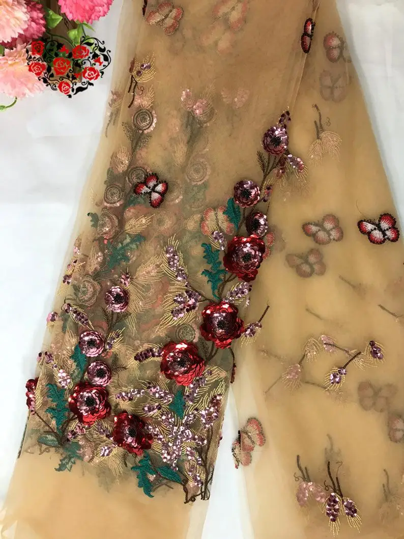 2020 Gorgeous Sequined 3D Red Rose Flower Lace Fabric Apricot Tulle Lace For Wedding Dress, Robe, Cosplay, Dance Costume 1 Yard