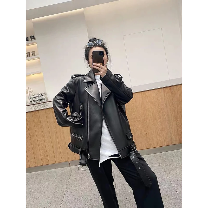 Women\'s Leather Jacket 2021 Spring and Autumn Geanuine Sheepskin Loose Moto Biker Jackets and Coats Plus Size Overcoat Female