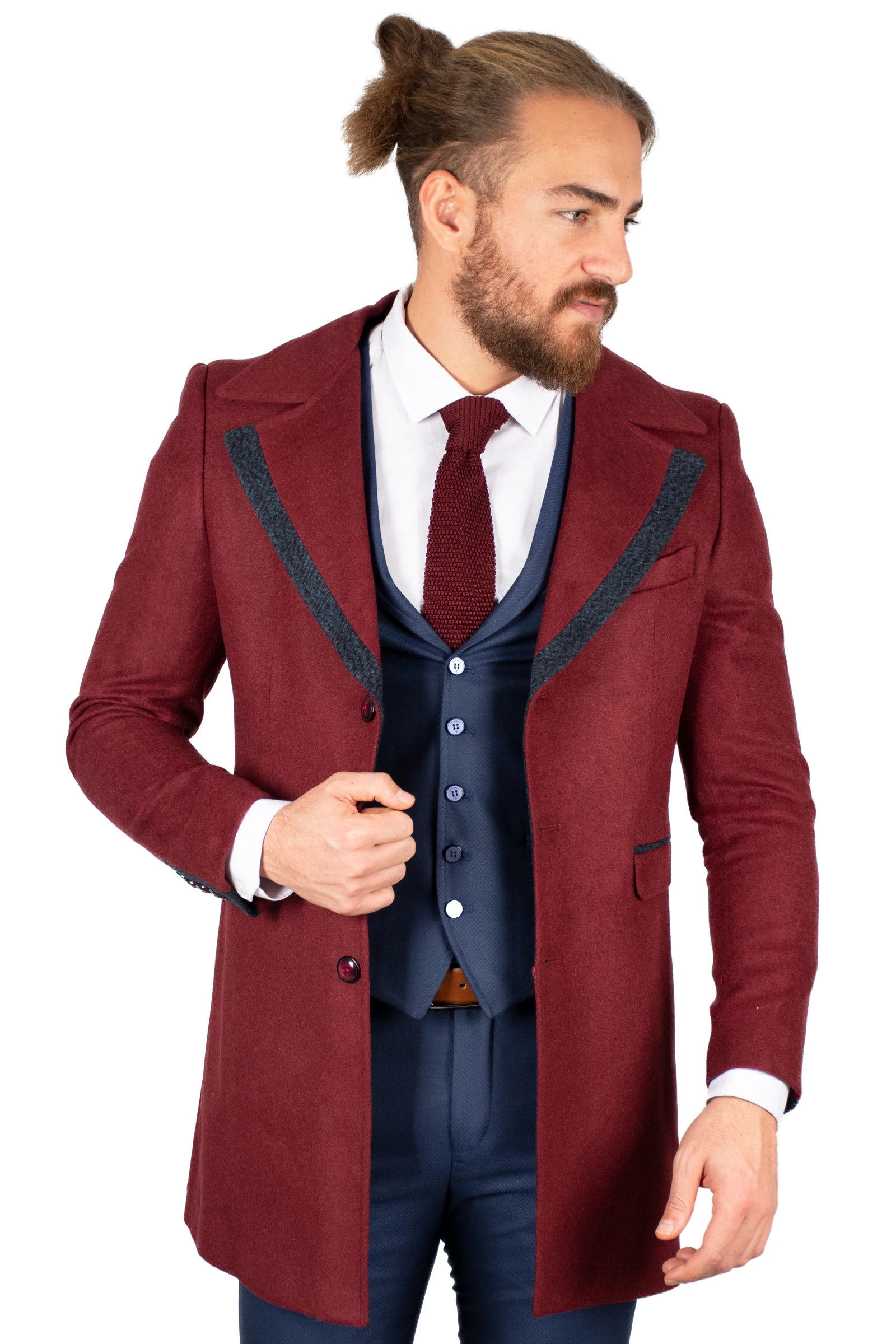 DeepSEA Male Maroon Luxury Sports Stamp Coat Overcoat Shawl Collar Tight-Fitting Mould Hot Casual Autumn Winter Italian Style Long Coat 2002142