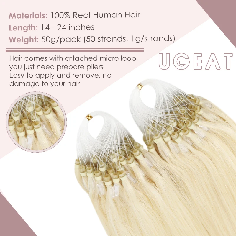 Ugeat Micro Loop Human Hair Extensions Real Human Hair Micro Link Hair Extensions Brazilian Natural High Quality 50g Per Pack