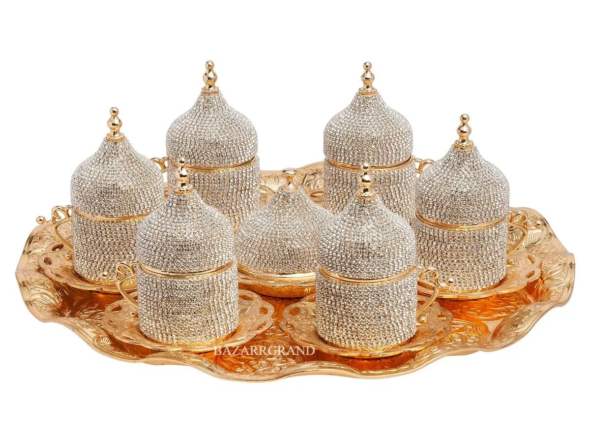 

LUXURY TURKISH PORCELAIN COFFEE SET STONE COFFEE SET FOR SIX - STONE - GOLD - SILVER CIRCULAR TRAY WITH CIRCULAR TRAY YOUR COFFE