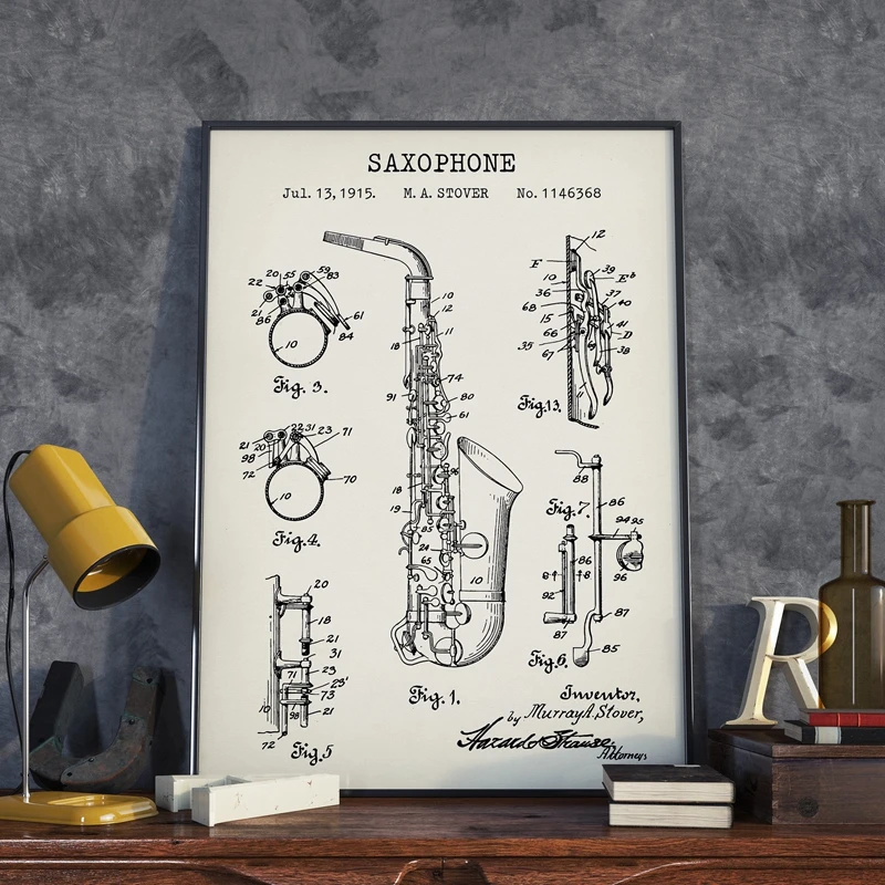 Saxophone Patent Vintage Poster Prints Musician Saxophonist Gifts Musical Instrument Blueprint Art Canvas Painting Wall Decor