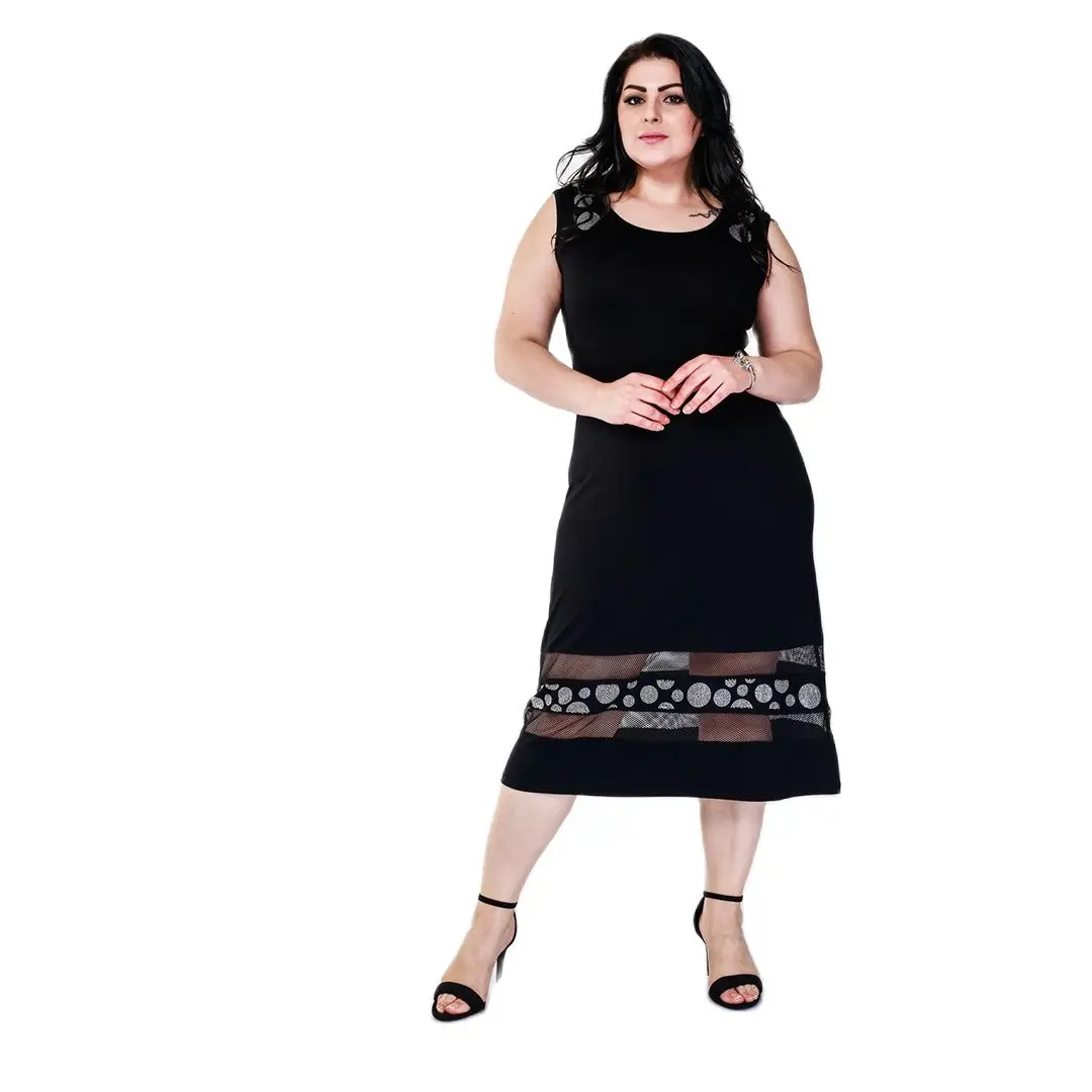 

Women’s Plus Size Circle Diomand And Fishnet Mesh Detail Midi Black Dress, Designed and Made in Turkey, New Arrival