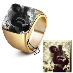 Custom Photo Logo Ring for Women Men Finger Square Gold Ring Stainless Steel Jewelry Personalized Handwritten Sign Festival Gift