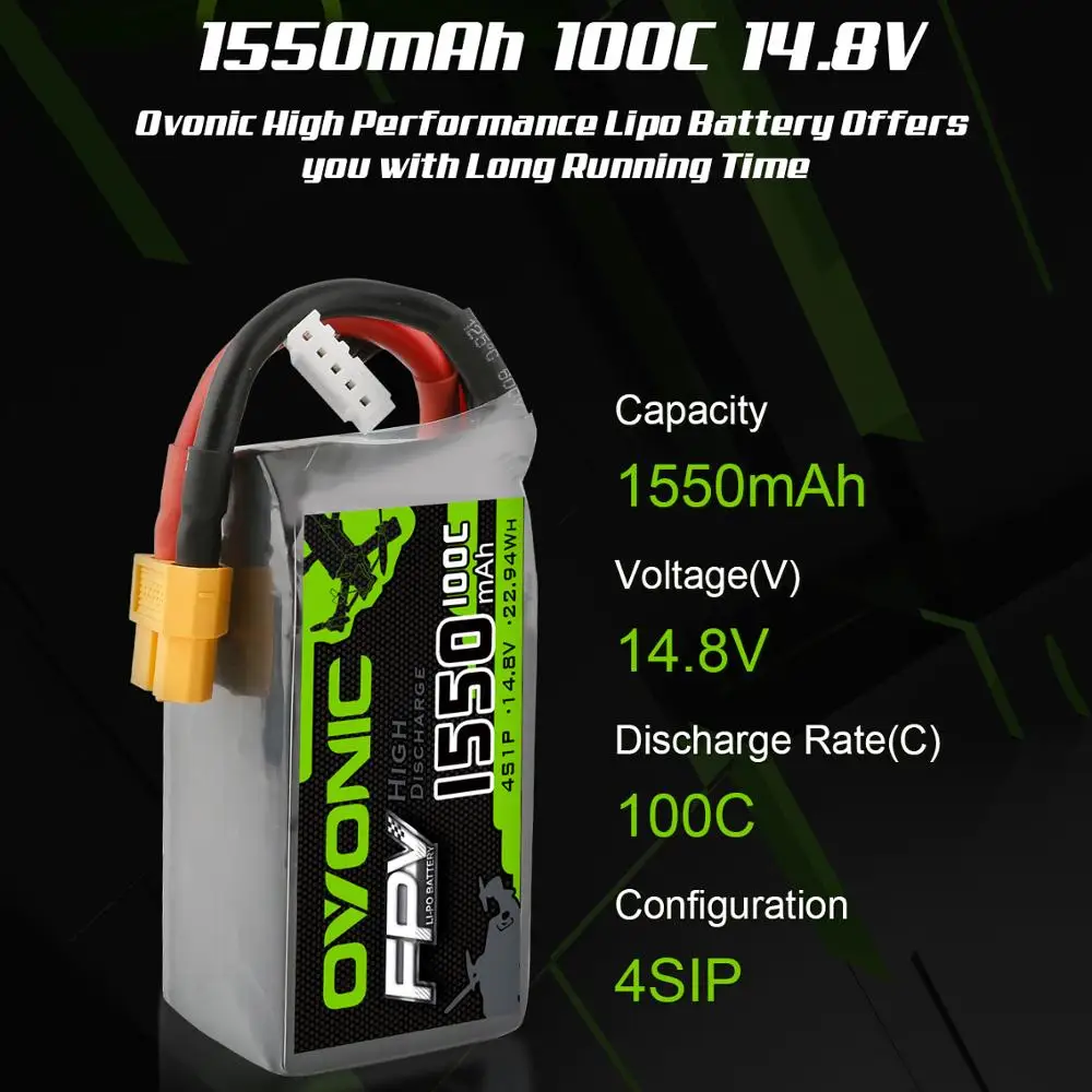 OVONIC 4S 1550mAh RC Battery 100C 14.8V FunFly LiPo Battery Pack with XT60 Plug for RC FPV Boat Heli Airplane UAV Drone 2units