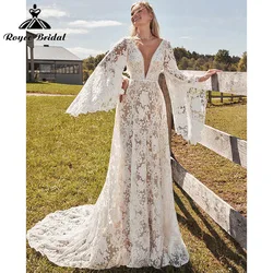 Elegant A Line Boho Bohemian Wedding Dresses Deep V Neck Lace Long Flare Sleeve Backless robe de soirée de mariage Customized 