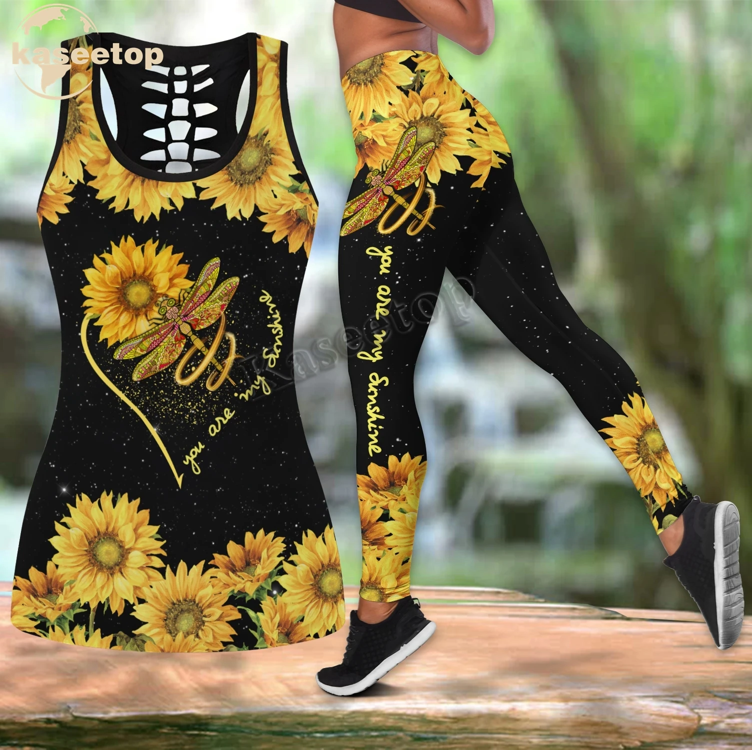 Dragonfies-You Are My Sunshine Tank Top Legging Yoga Set Women 3D Print Vest Hollow Out Hollow Tank &Legging Outfit Summer LK211