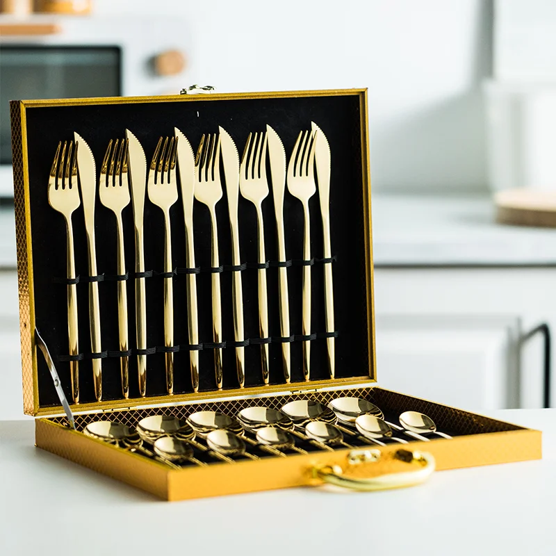 24Pcs Gold Dinnerware Set Stainless Steel Tableware Set Knife Fork Spoon Flatware Set Christmas Gift Cutlery Set Gift Box