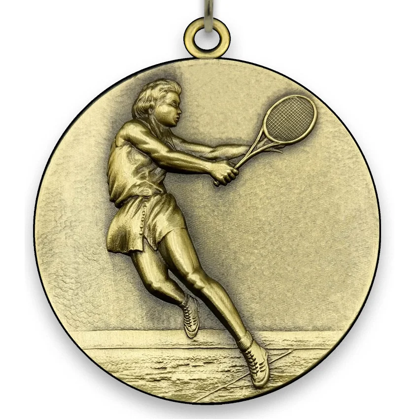 Large Metal - Tenis Medal - Female - Gold - 6,4 cm - with Neck Ribbon size 2,2cm x 80 cm, Choice of Colours.