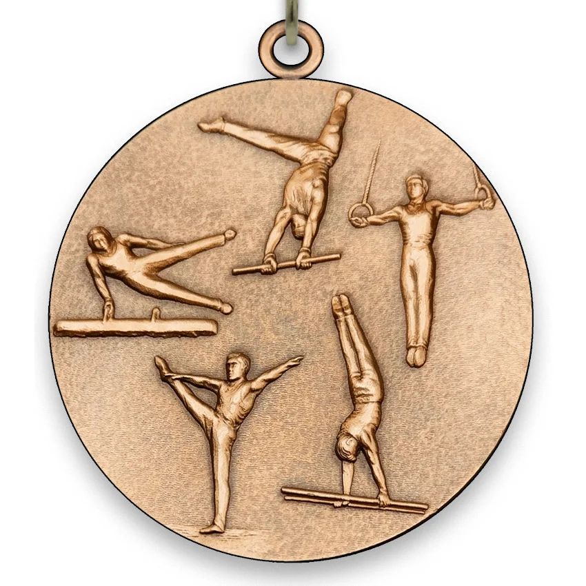 Large Metal Gymnastics Male Bronze Medal - 6,4 cm - with Neck Ribbon size 2,2cm x 80 cm - Choice of Ribbon Colours.