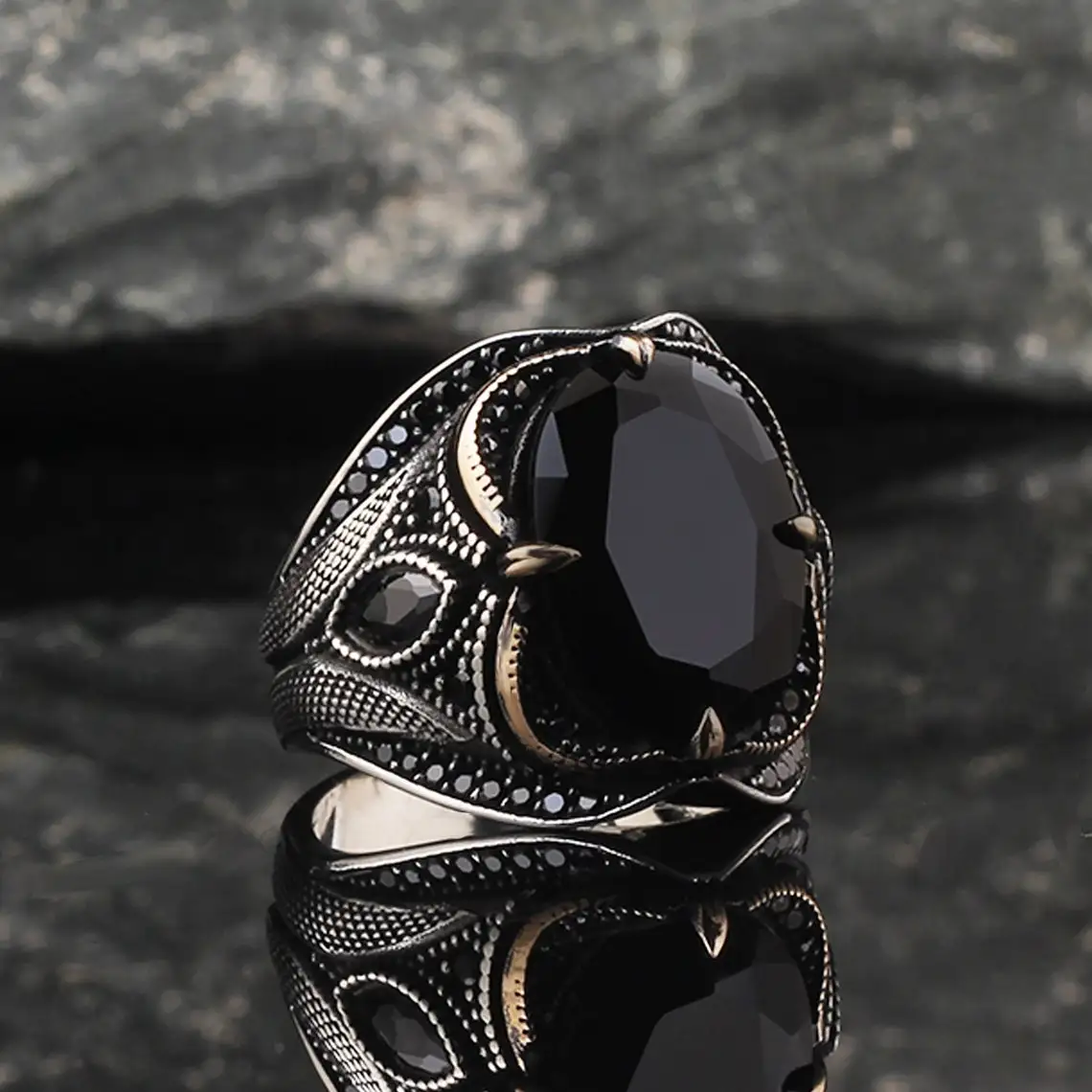 Black Zircon Stone Men Silver Ring, 925 Sterling Silver Black Zircon Gemstone Ring, Handmade Engraved Turkish Silver Ring