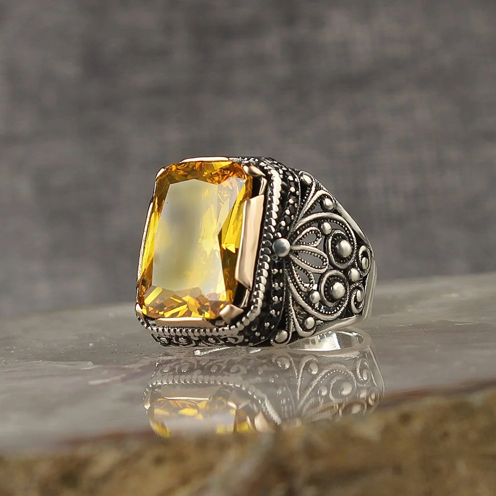 

925K Sterling Silver Exclusive Design Shiny Citrine Gemstone with Micro Stones Classic Jewelry For Man Fine Workmanship