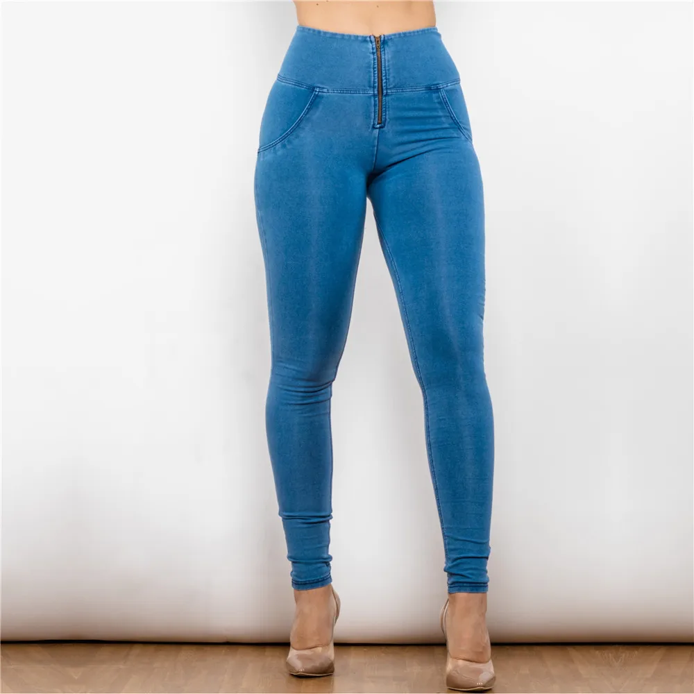 Shascullfites Push Up Women's Denim Blue Pants High Waist Tummy Control Yoga Stretch Pencil Pants