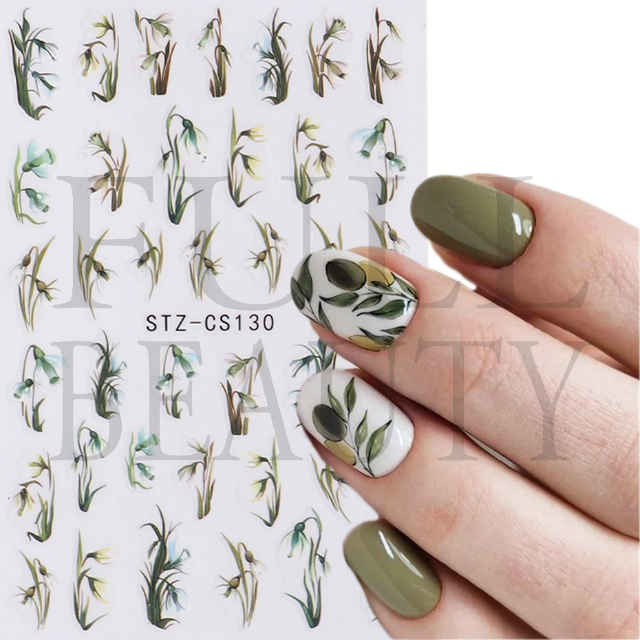 Ink Watercolor Leaves Nail Stickers 3D Bloom Flower French Tip Heart Sliders For Nails Manicure Transfer Decal Decor LESTZ-CS130