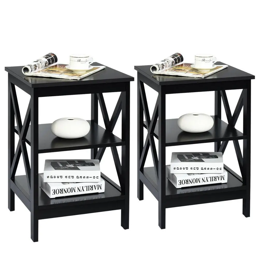 2PCS 3-Tier Nightstand End Table X Design Storage Display Shelf