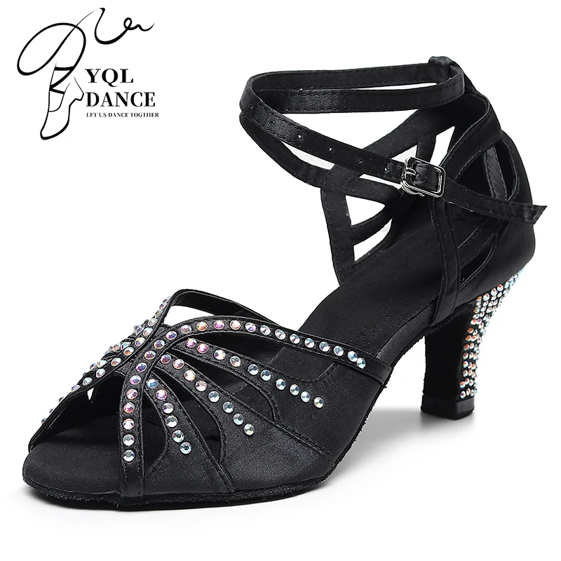 

Woman Crystal Latin Dance Shoes Black Stain Silk Ballroom Salsa Dancing Shoes Girl Performace Latino Shoes Flare Shoes 7.5cm/9cm