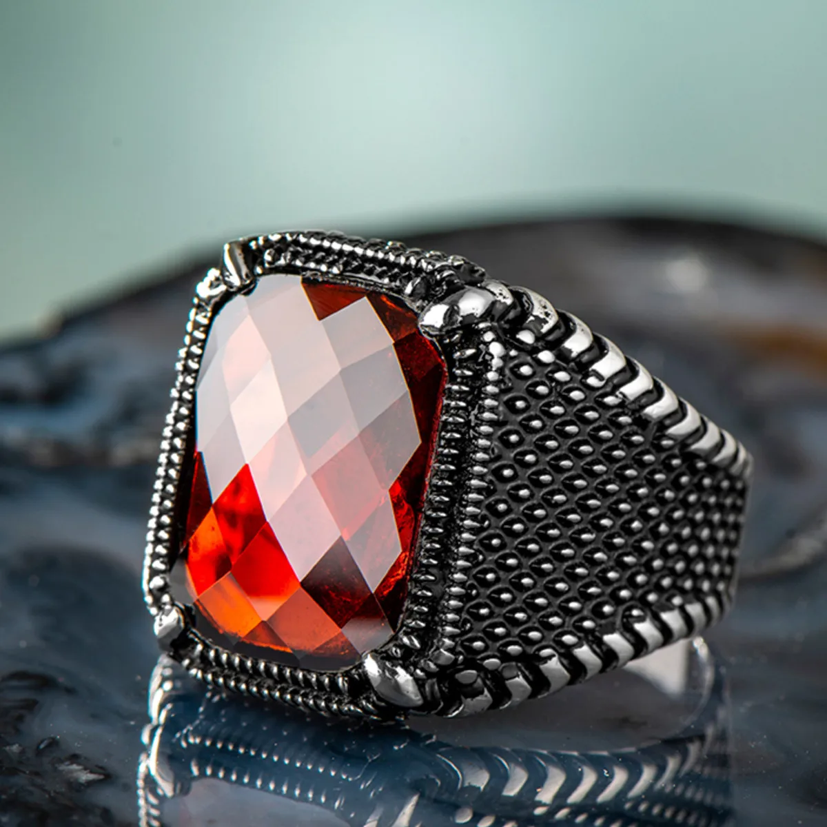 925 Sterling Silver Rectangular Red Zircon Men's Ring Exclusive Ring for Men Zirconia Ring Special Accessory Made in Turkey