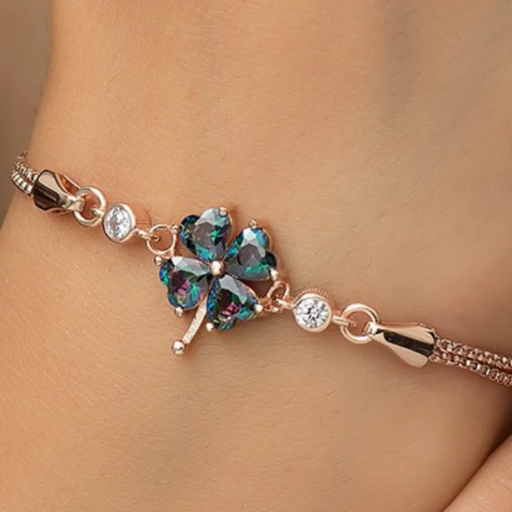 925 Sterling Silver Women Wristband Bracelet Mystic Clover Flower Gift Birthday Precious Stylish Chain Luxury