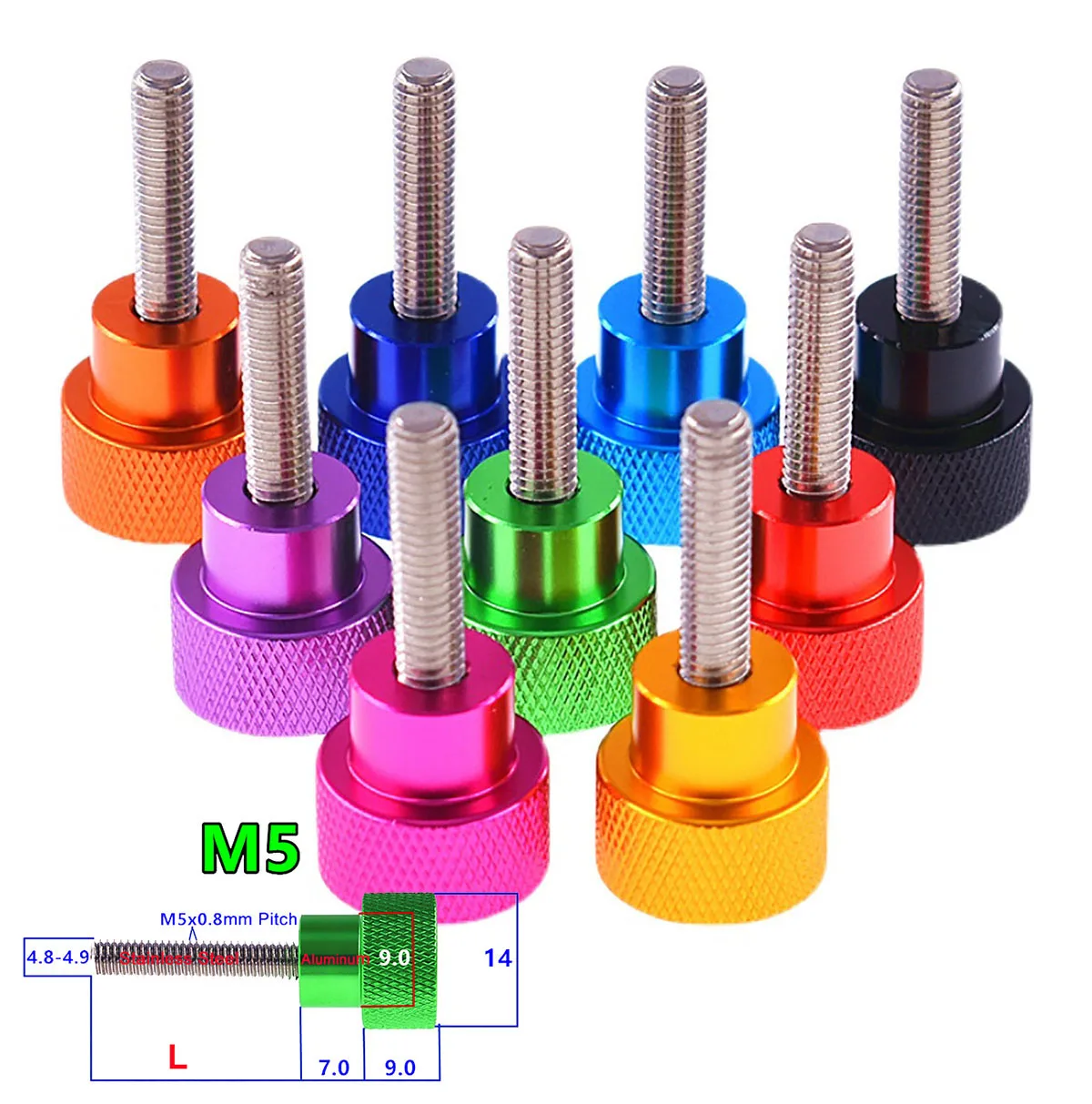 

2Pcs Metric M5 Anodized Aluminum High Step Thumb Screws 14x9mm Knurled Head Hand Tighten Screw Stainless Steel Thread 6-100mm