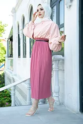 Womens Long Skirt Vintage Four Season Pleated Islamic Clothing Turkish Hijab Dress Casual Elastic Female Korean Fashion 2022