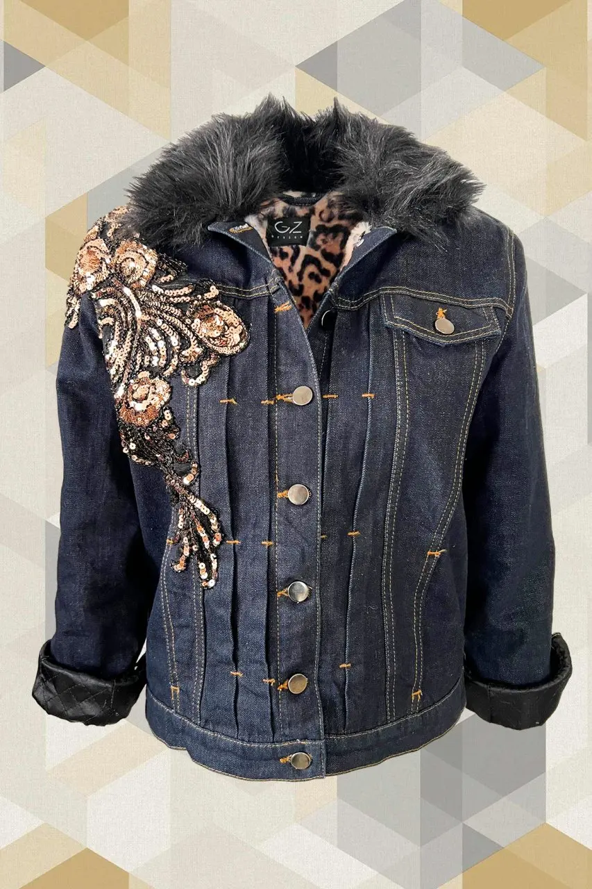 

2022 Fashion Style Leopard Faux Fur Inside Handmade Bead Embroided Dark Women Jean Jacket