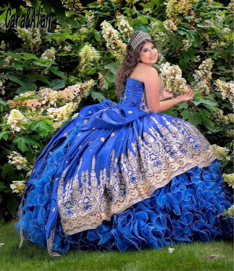 Cara&Alan Charro Vestidos De 15 Años Blue Quinceanera Dresses Lace Ruffles Organza Mexican Girls XV Brithday Wear