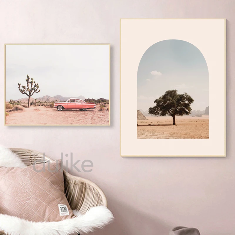 Joshua Tree Desert Landscape Posters and Prints Coral Vintage Car Modern Boho Wall Art Canvas Painting Picture Home Wall Decor