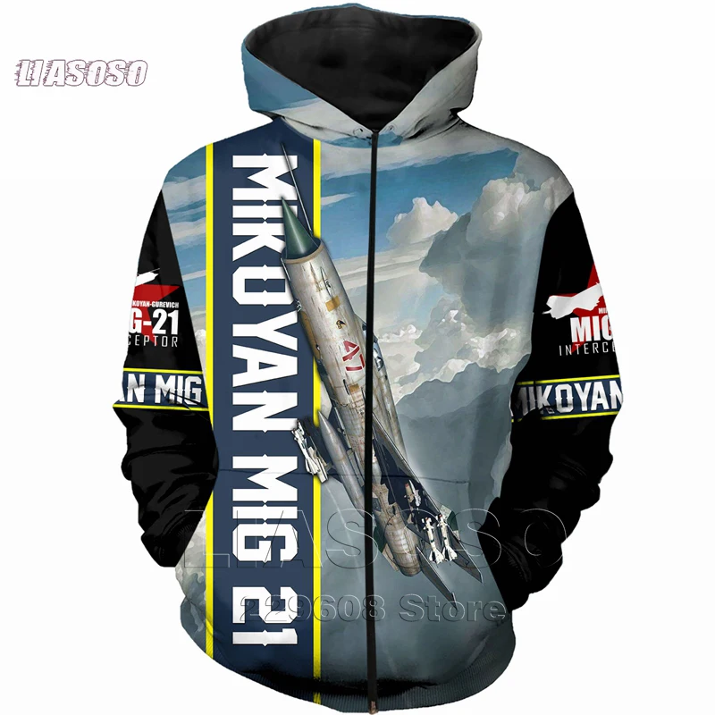 LIASOSO New Fashion All Over Printed War Mikoyan Mig-21 Sweatshirt Men Women Zip Hoodie Crewneck Pullover Streetwear