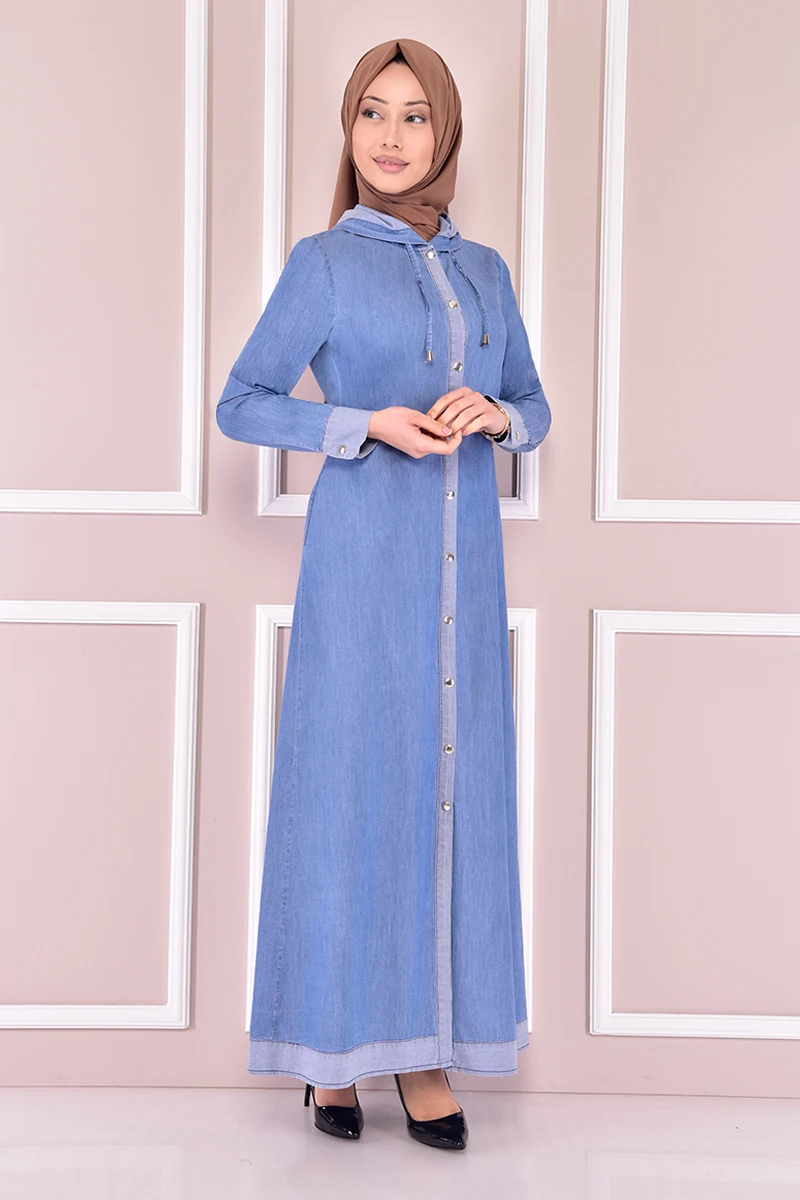 Through-hole Button Arched Handle Handle Denim Dress Dark Blue muslim long abaya women Dubai turkish hijab girl Islamic clothing big size