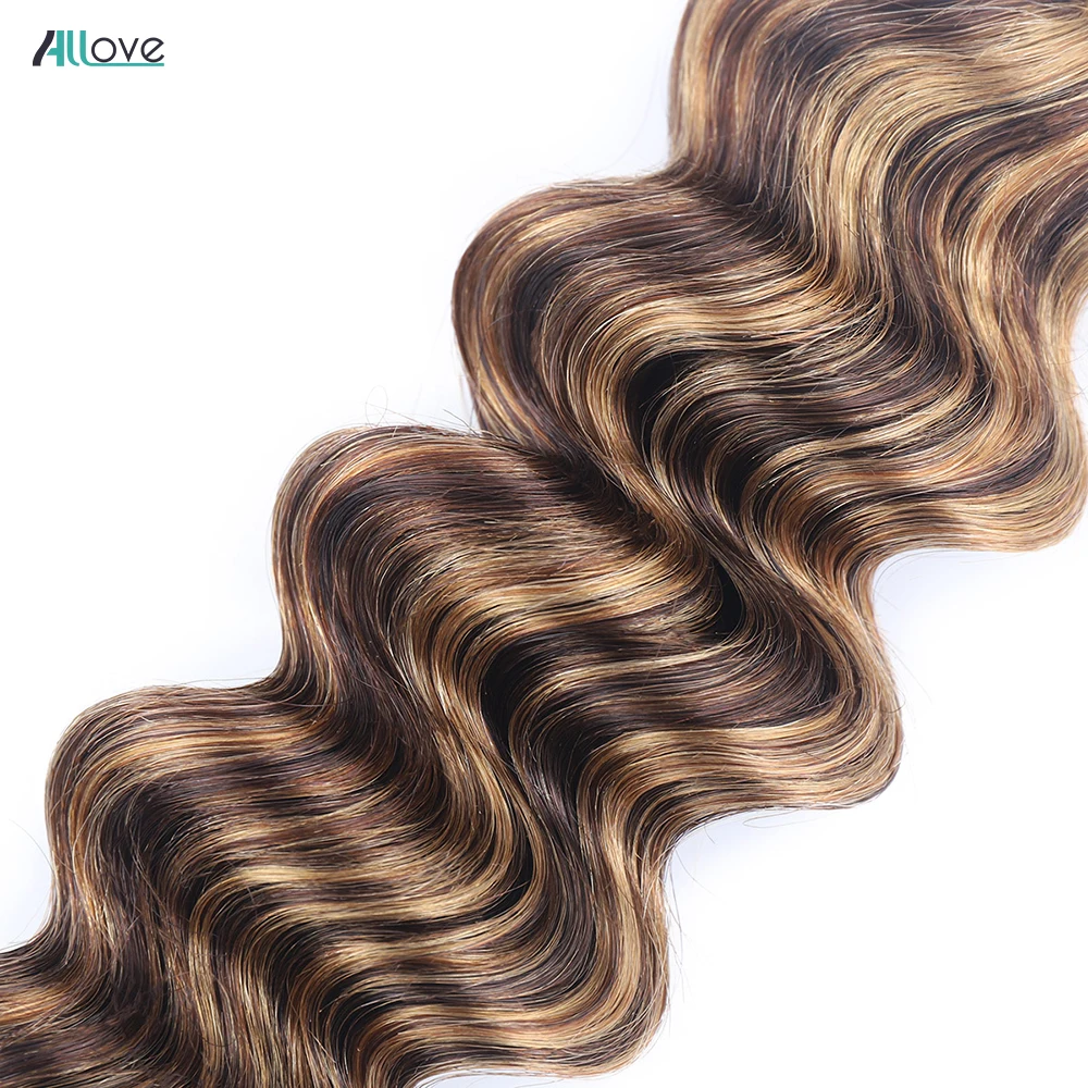 Allove Highlight Loose Deep Wave Bundles Brazilian Human Hair Bundles 4/27 Honey Blonde Brown Colored Remy Human Hair Extensions