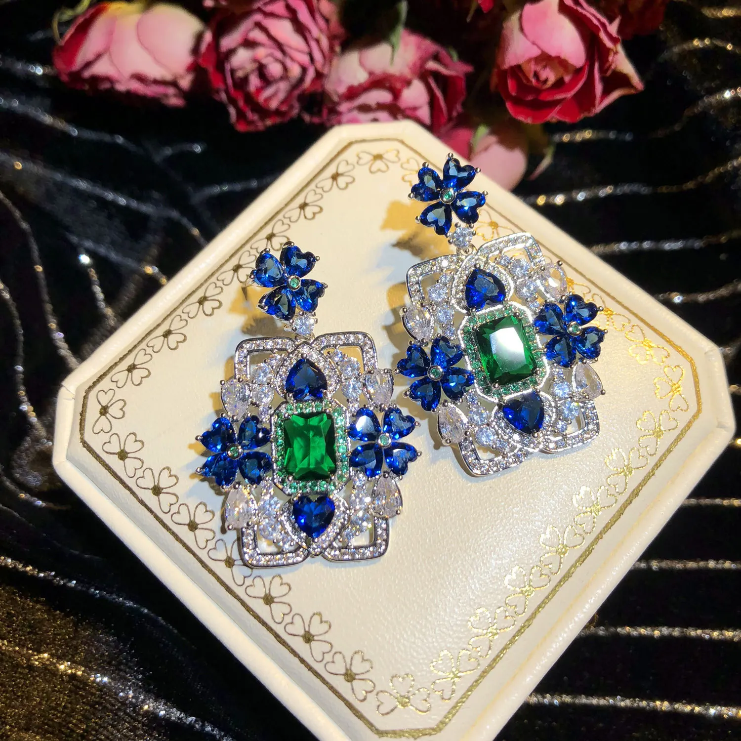 

European And American S925 Silver Needle Temperament Sapphire Flower Zircon All-Match Crystal Female Earrings