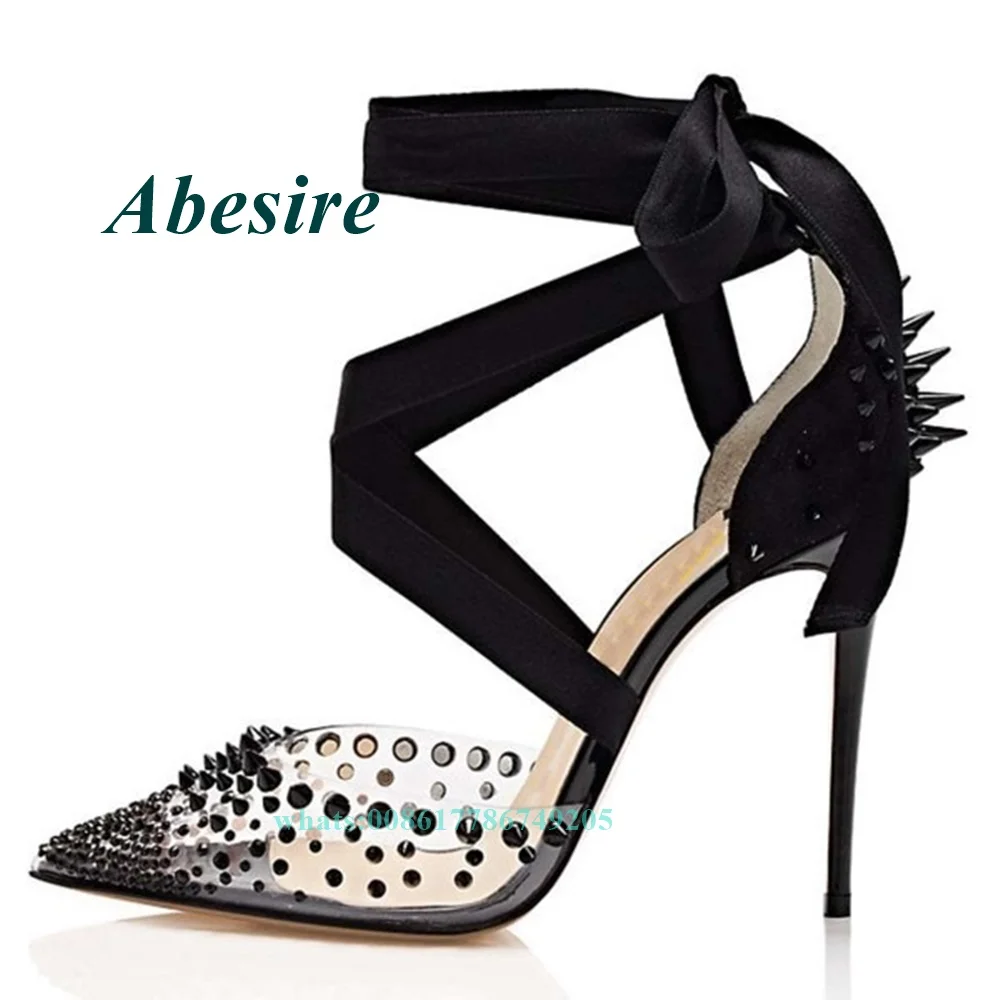 Décolleté da donna punta a punta nera tacchi trasparenti scarpe con borchie décolleté trasparenti rivetto tacchi a spillo tacchi alti elegante