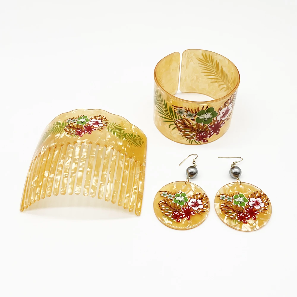 Newest Fashion Flowers Printed Bangle Comb Earring Jewelry Set For Pacific Islands Peoples Women Girls Gift Trendy Styles