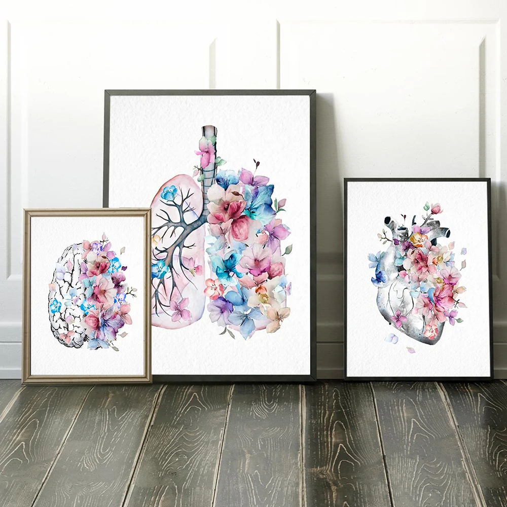 

Human Medical Anatomy Vintage Posters and Prints Heart Lungs Brain Watercolor Art Canvas Painting Doctor Gifts Clinic Wall Decor