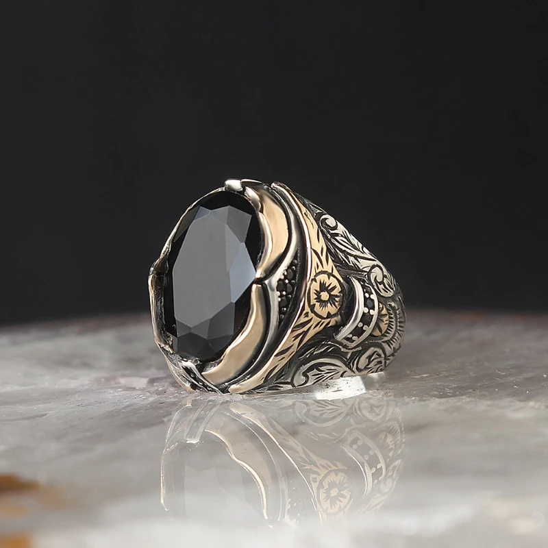 Men's Black Zircon Stone Crystal Cut Real 925 Sterling Silver Ring Special Design Accessory Products All Sizes Free Shipping