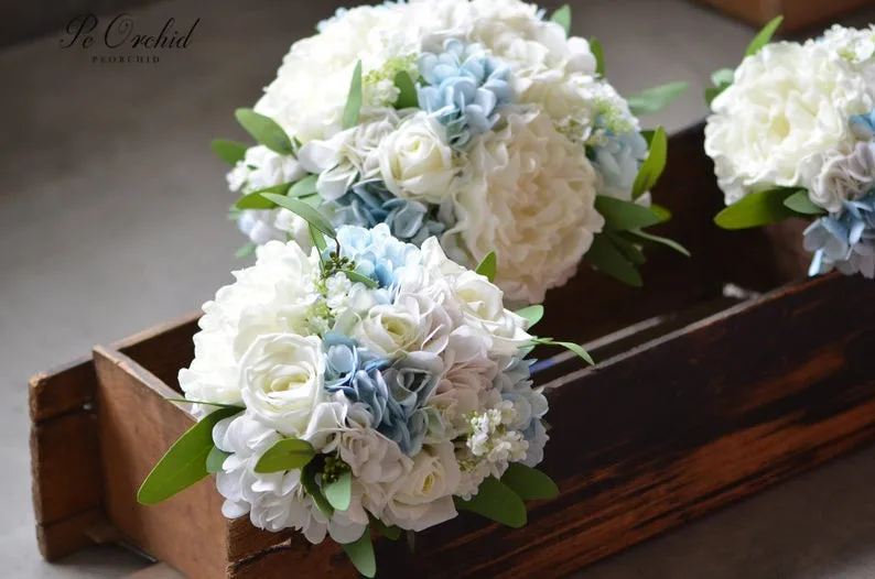 PEORCHID-ramos de novia azul claro para playa, flores de seda rústicas, hortensias artificiales, rosas blancas de marfil, ramo de boda de peonía